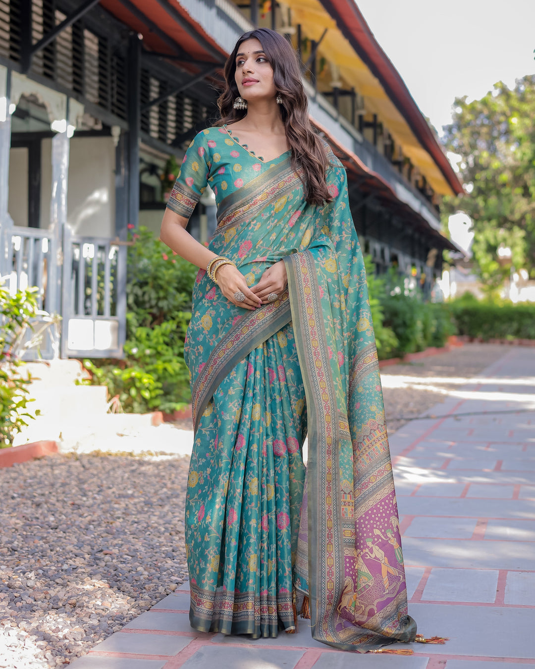 Sea Green Handloom Cotton Saree with Multicolor Floral & Royal Procession Pallu