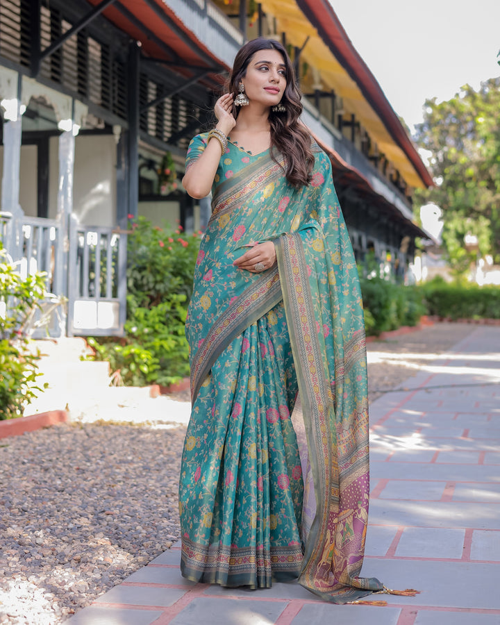 Sea Green Handloom Cotton Saree with Multicolor Floral & Royal Procession Pallu