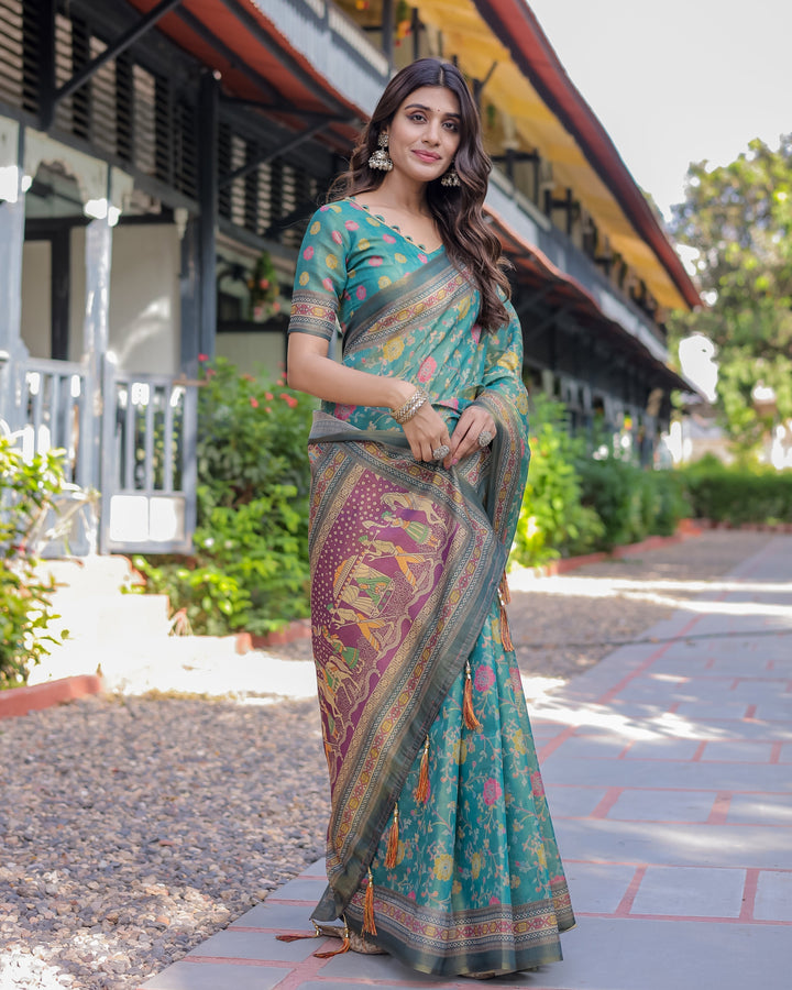 Sea Green Handloom Cotton Saree with Multicolor Floral & Royal Procession Pallu