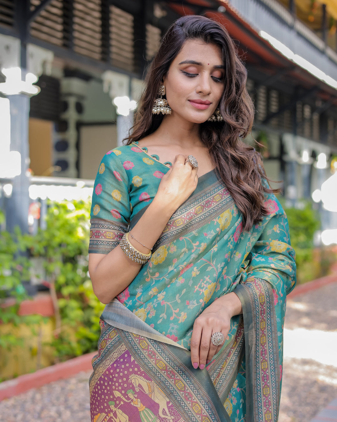 Sea Green Handloom Cotton Saree with Multicolor Floral & Royal Procession Pallu