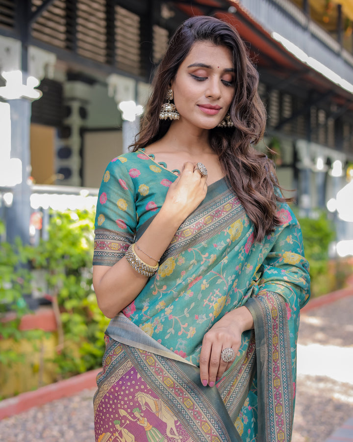 Sea Green Handloom Cotton Saree with Multicolor Floral & Royal Procession Pallu