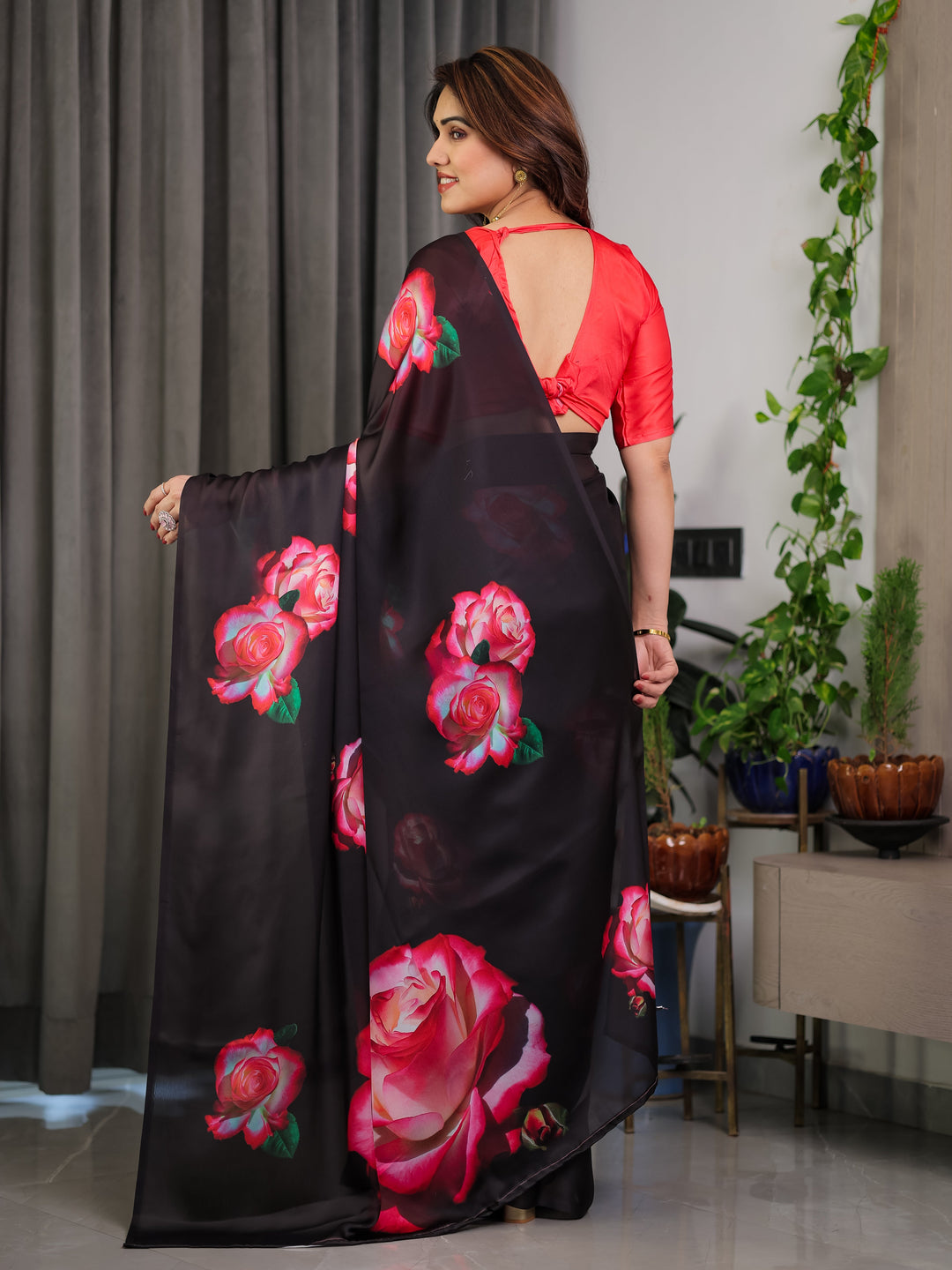 Black Satin Georgette Rose Printed Saree with Attached Blouse – Elegant Partywear Designer Saree with Red Floral Artwork
