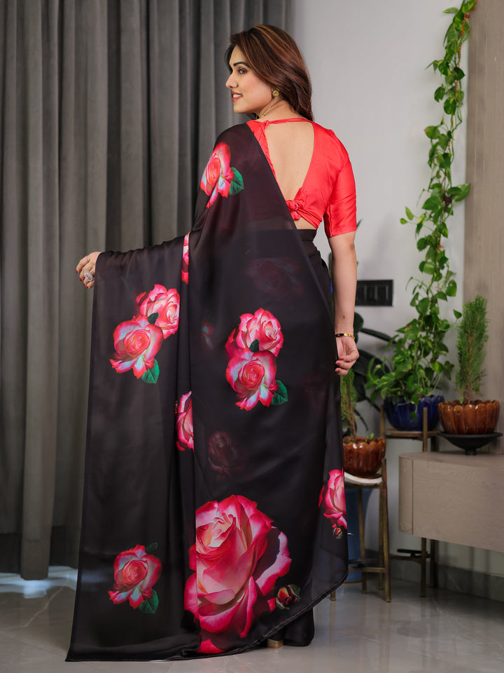 Black Satin Georgette Rose Printed Saree with Attached Blouse – Elegant Partywear Designer Saree with Red Floral Artwork