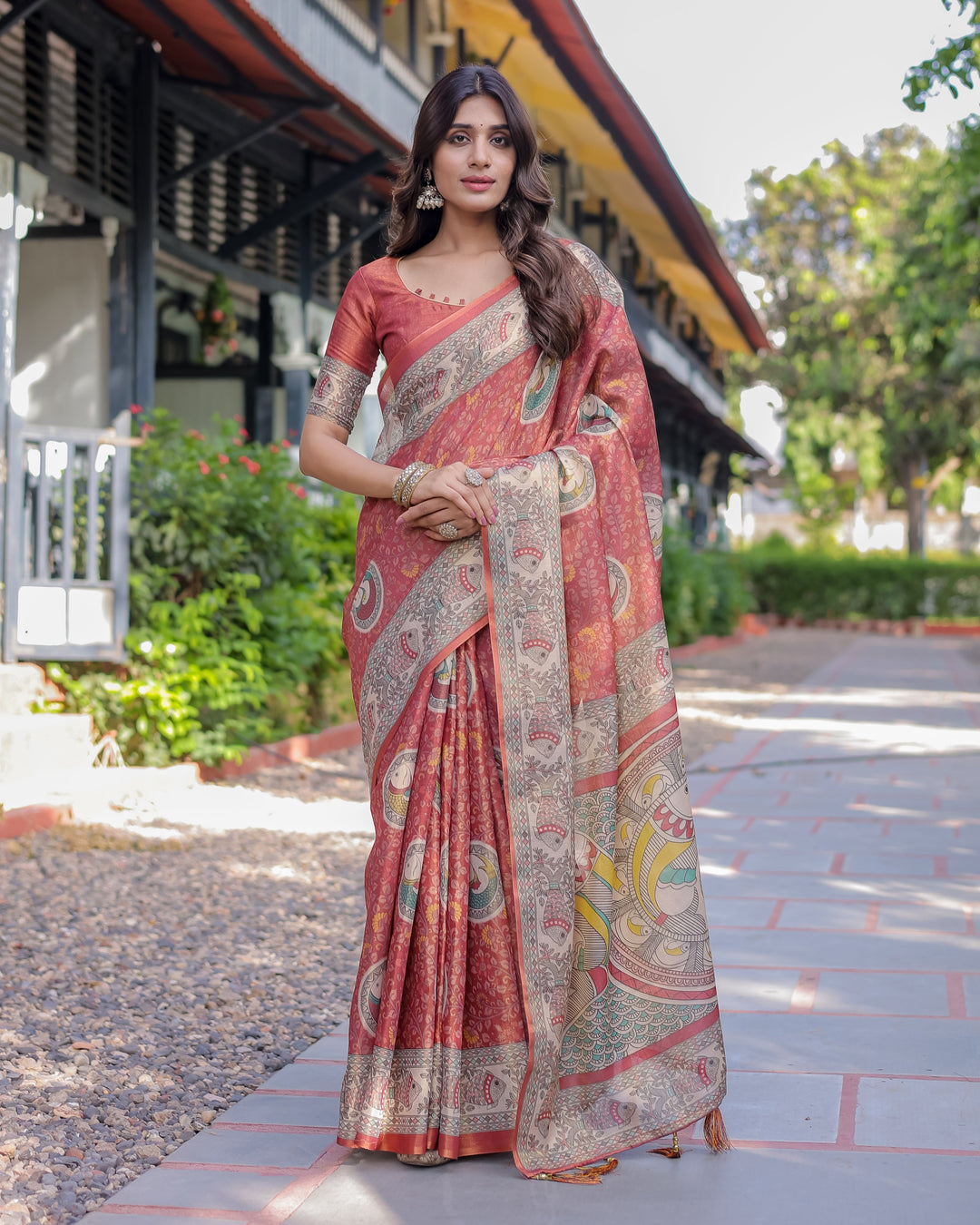 Rust Red Madhubani Fish Art Pure Handloom Cotton Saree with Contrast Blouse & Tassels