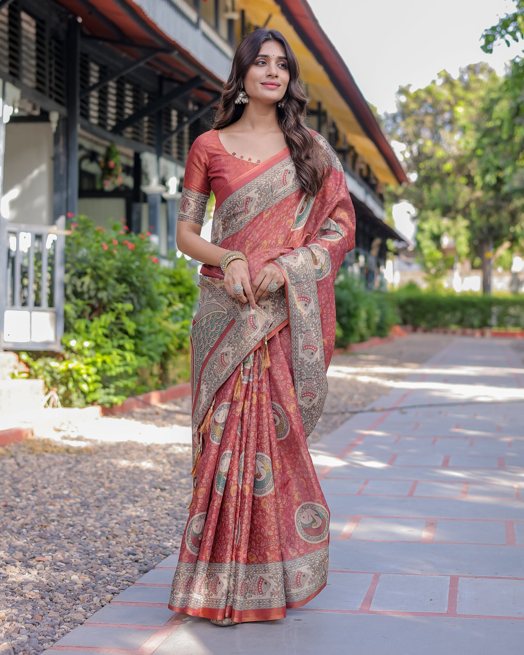 Rust Red Madhubani Fish Art Pure Handloom Cotton Saree with Contrast Blouse & Tassels