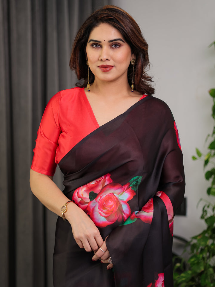 Black Satin Georgette Rose Printed Saree with Attached Blouse – Elegant Partywear Designer Saree with Red Floral Artwork