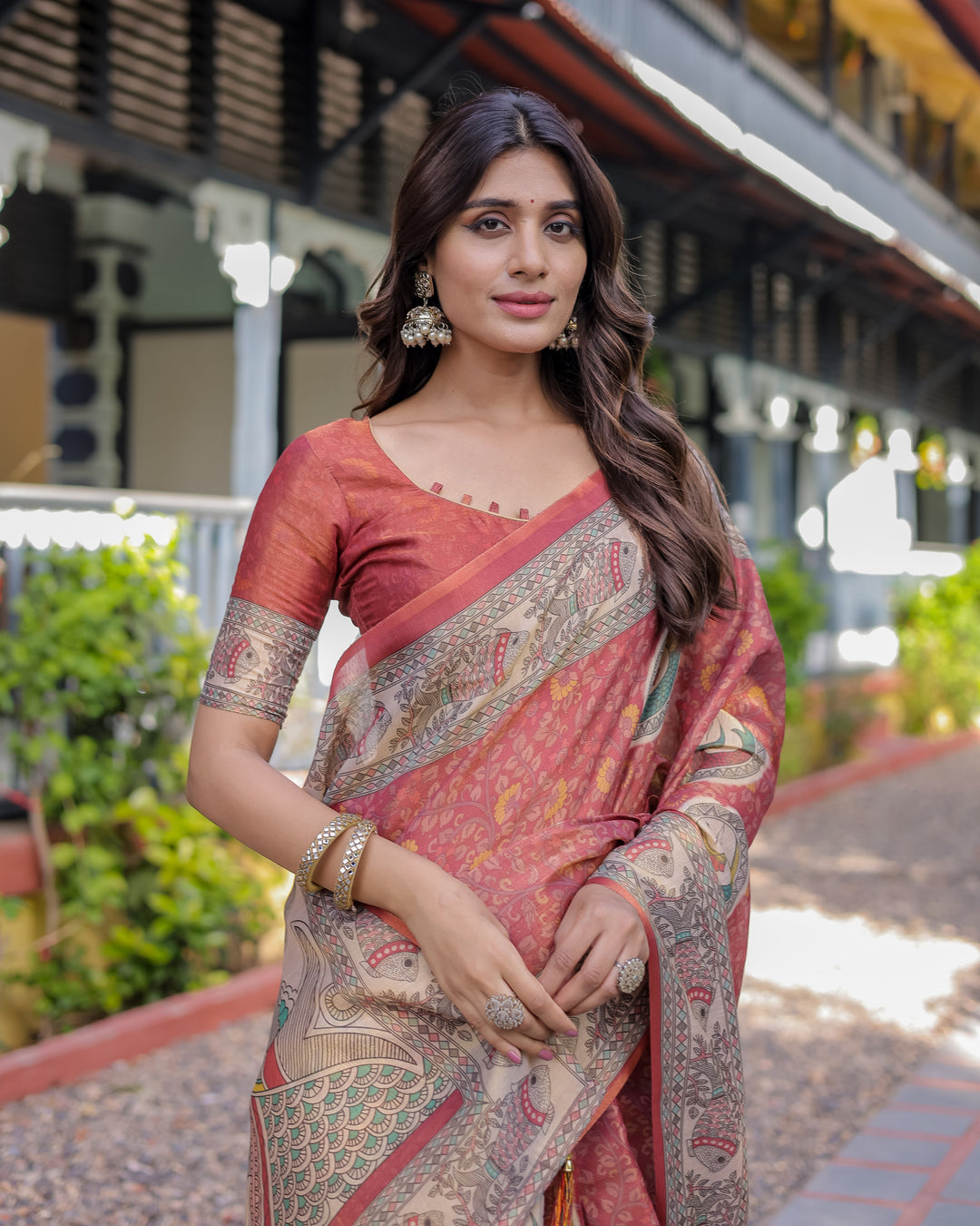 Rust Red Madhubani Fish Art Pure Handloom Cotton Saree with Contrast Blouse & Tassels