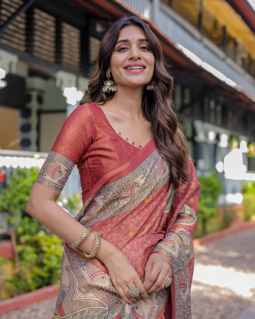 Rust Red Madhubani Fish Art Pure Handloom Cotton Saree with Contrast Blouse & Tassels