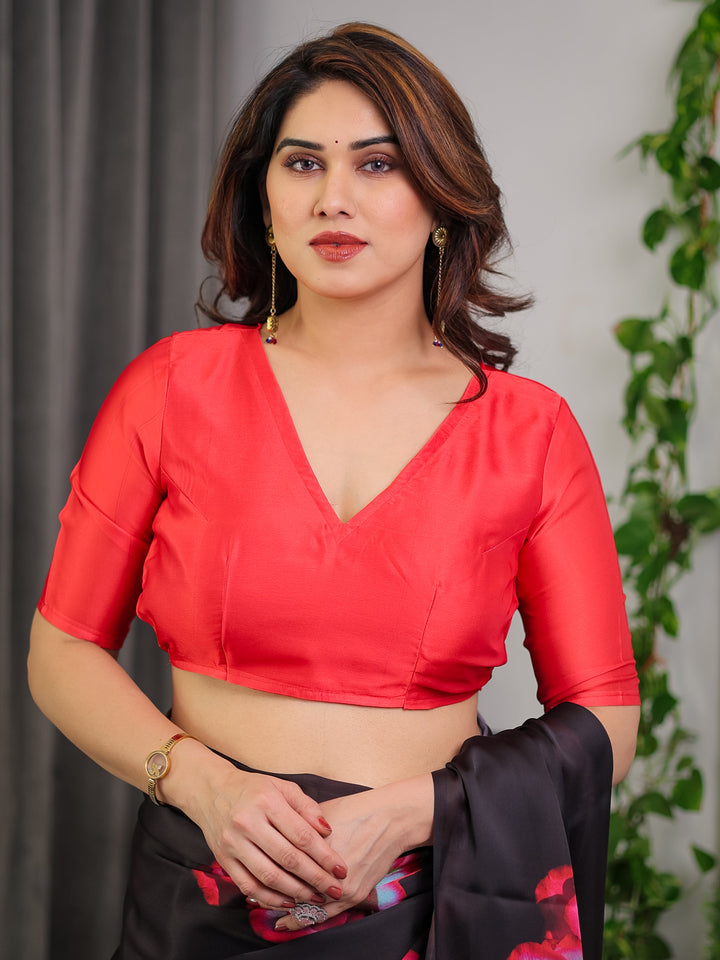Black Satin Georgette Rose Printed Saree with Attached Blouse – Elegant Partywear Designer Saree with Red Floral Artwork
