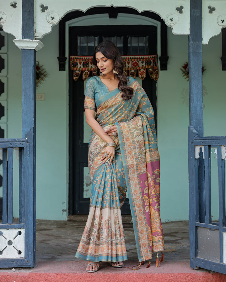 Turquoise Blue Handloom Cotton Saree with Multicolor Floral Pallu & Peach Border