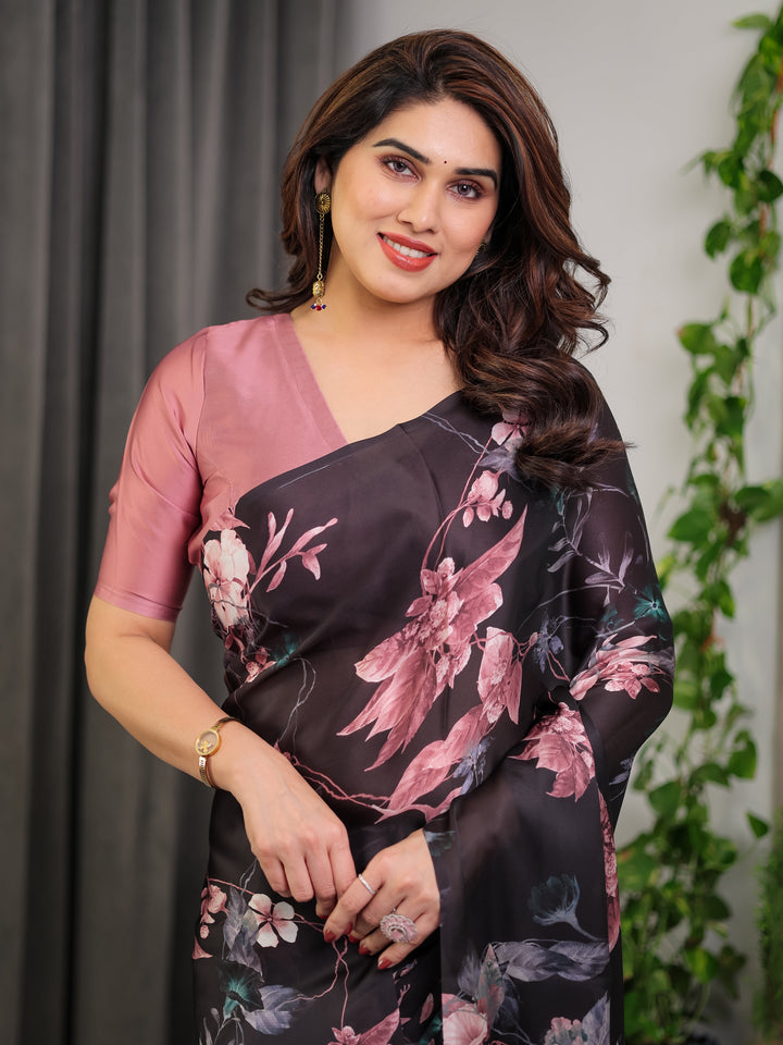Black Satin Georgette Floral Printed Saree with Attached Blouse – Elegant Soft-Flow Designer Saree in Mauve Pink Florals
