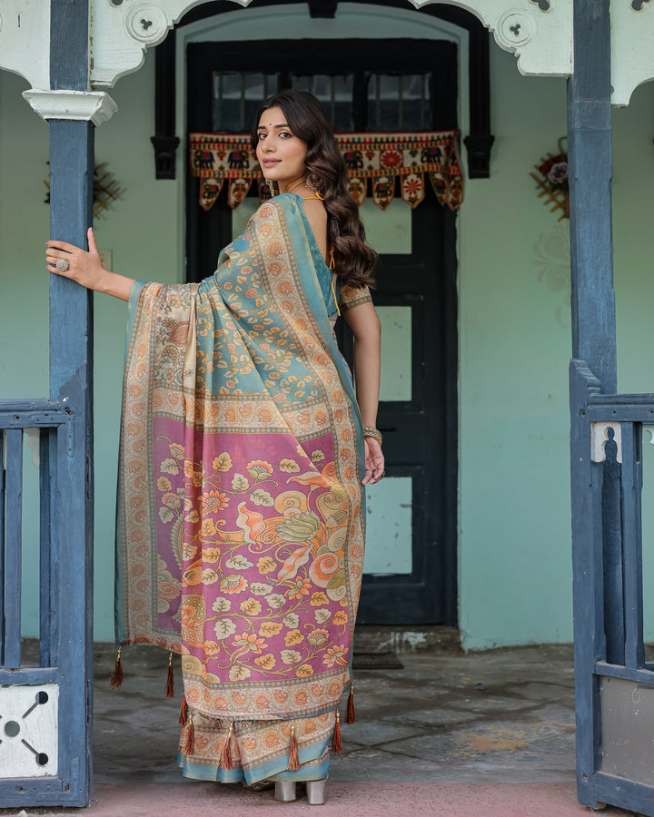 Turquoise Blue Handloom Cotton Saree with Multicolor Floral Pallu & Peach Border