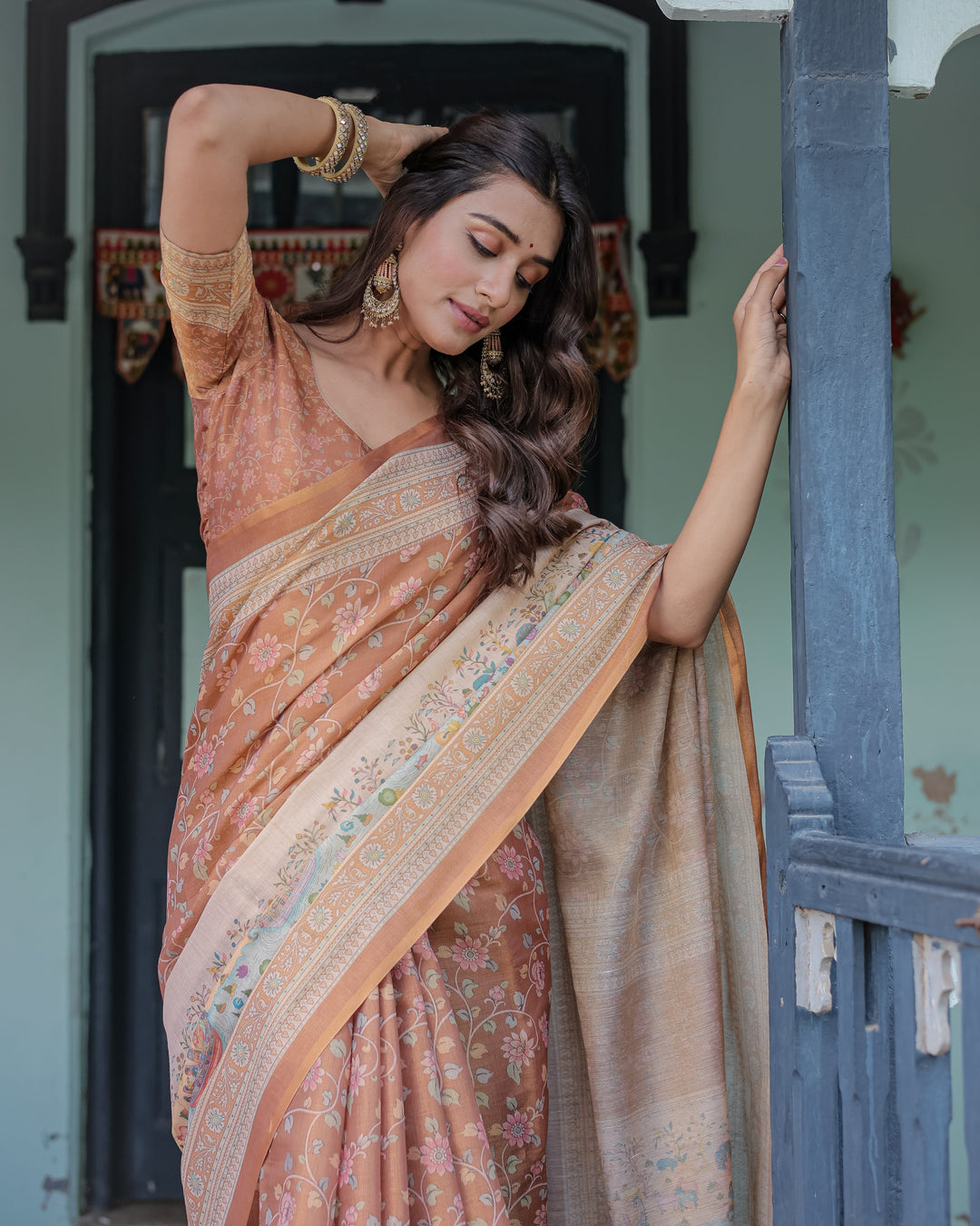 Burnt Peach Handloom Cotton Saree with Floral Buta Design & Village Scene Pallu