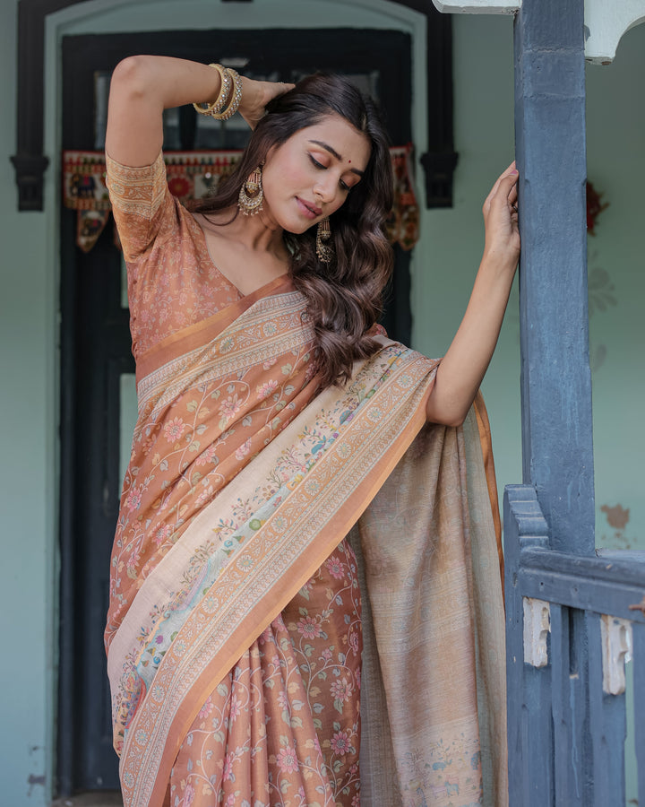 Burnt Peach Handloom Cotton Saree with Floral Buta Design & Village Scene Pallu