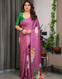 Pink Satin Georgette Saree with Bold Floral Prints & Matching Attached Blouse – Festive & Partywear Elegance