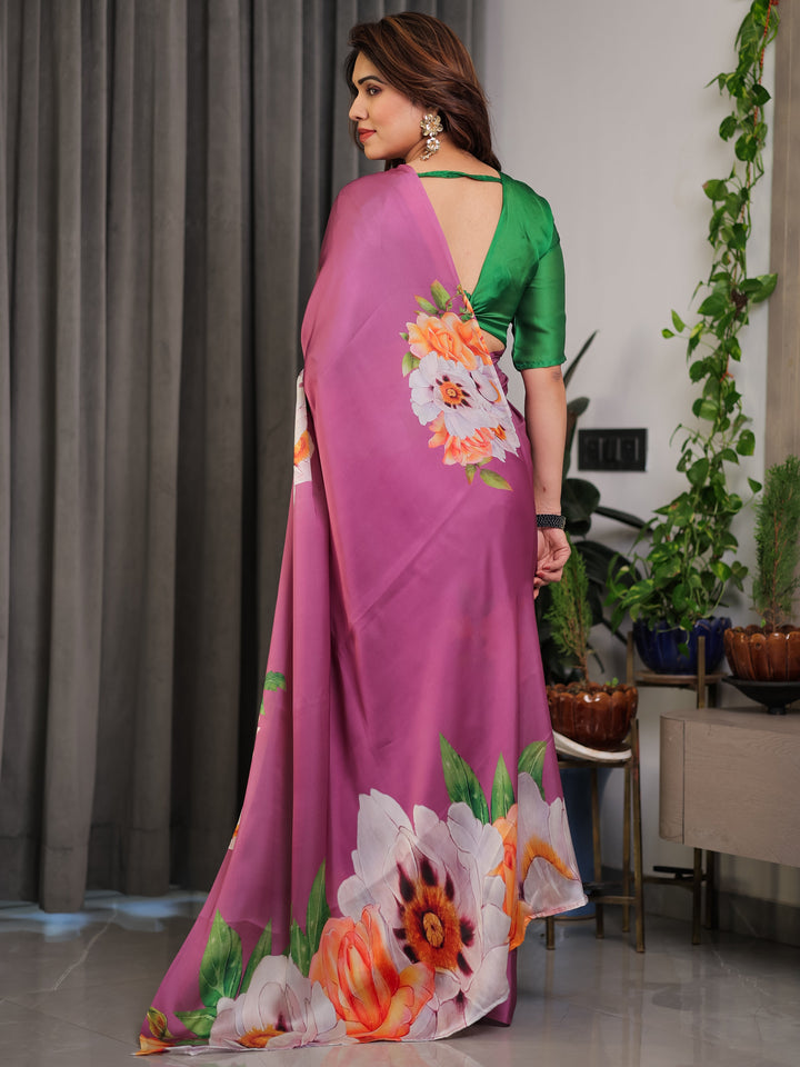 Pink Satin Georgette Saree with Bold Floral Prints & Matching Attached Blouse – Festive & Partywear Elegance