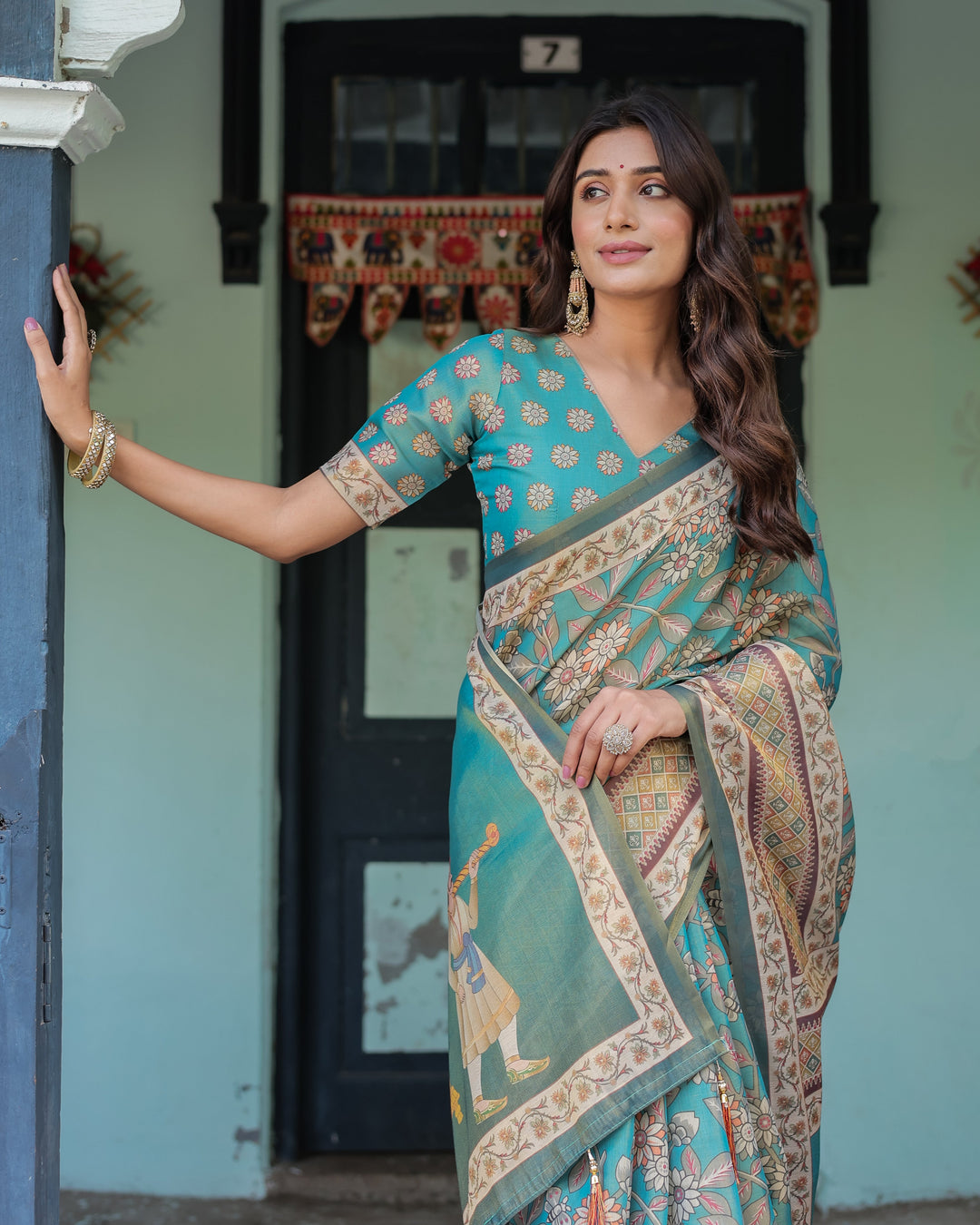 Teal Green Handloom Cotton Saree with Floral Print & Royal Bridal Procession Pallu