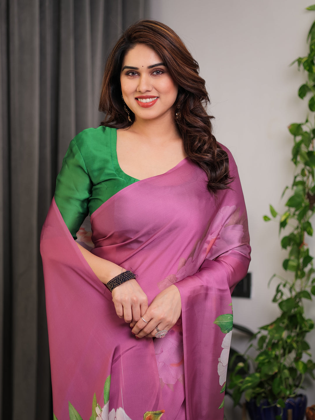 Pink Satin Georgette Saree with Bold Floral Prints & Matching Attached Blouse – Festive & Partywear Elegance