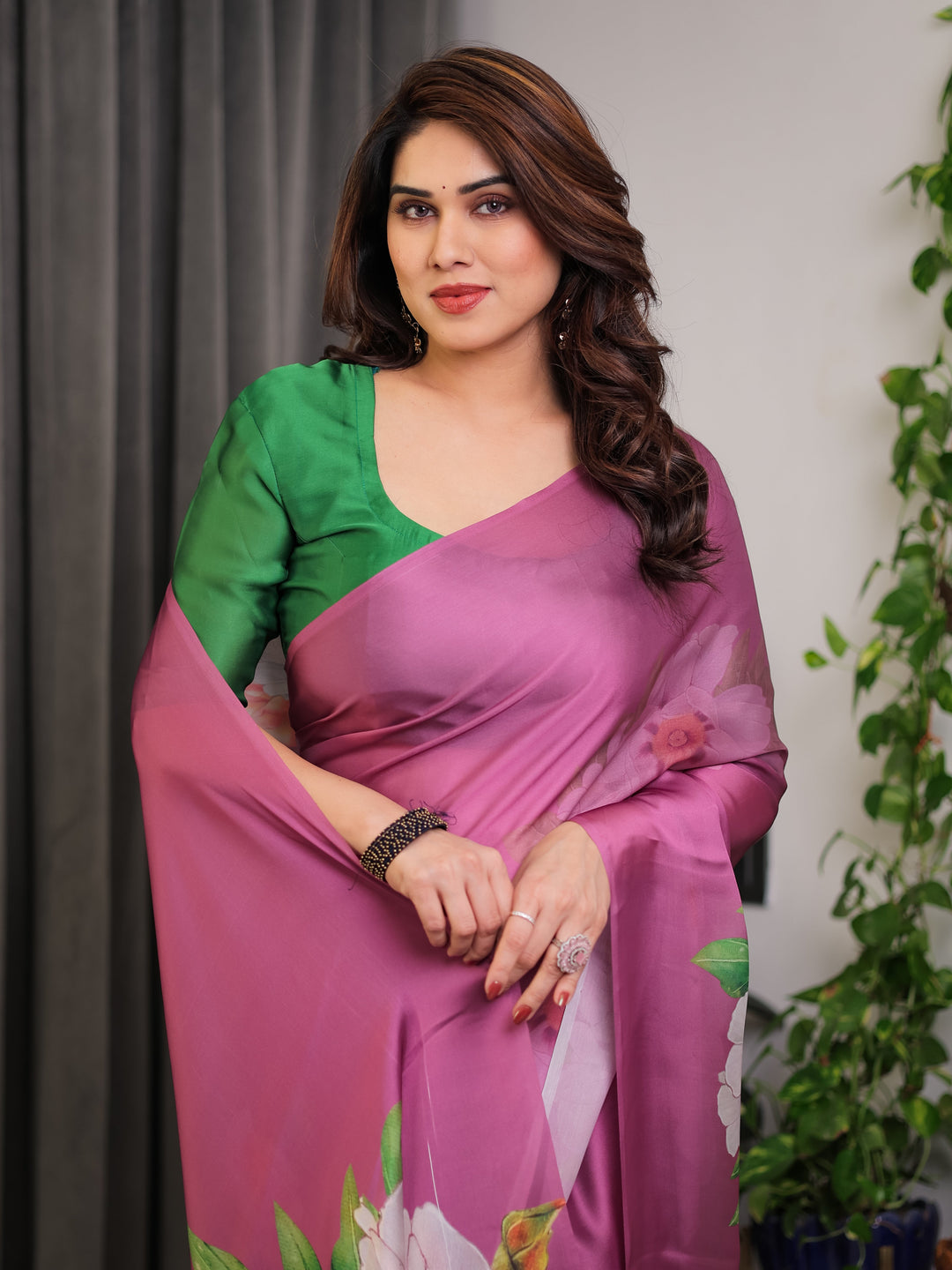 Pink Satin Georgette Saree with Bold Floral Prints & Matching Attached Blouse – Festive & Partywear Elegance