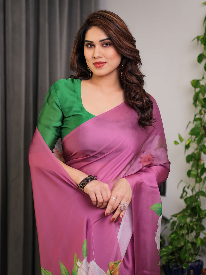 Pink Satin Georgette Saree with Bold Floral Prints & Matching Attached Blouse – Festive & Partywear Elegance