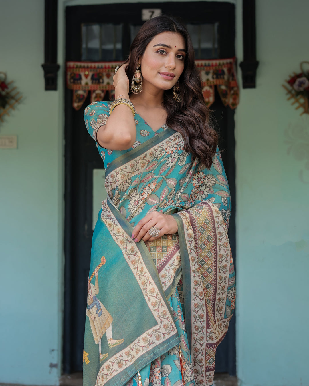 Teal Green Handloom Cotton Saree with Floral Print & Royal Bridal Procession Pallu