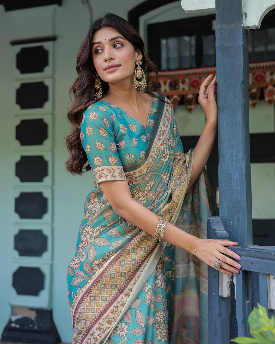 Teal Green Handloom Cotton Saree with Floral Print & Royal Bridal Procession Pallu