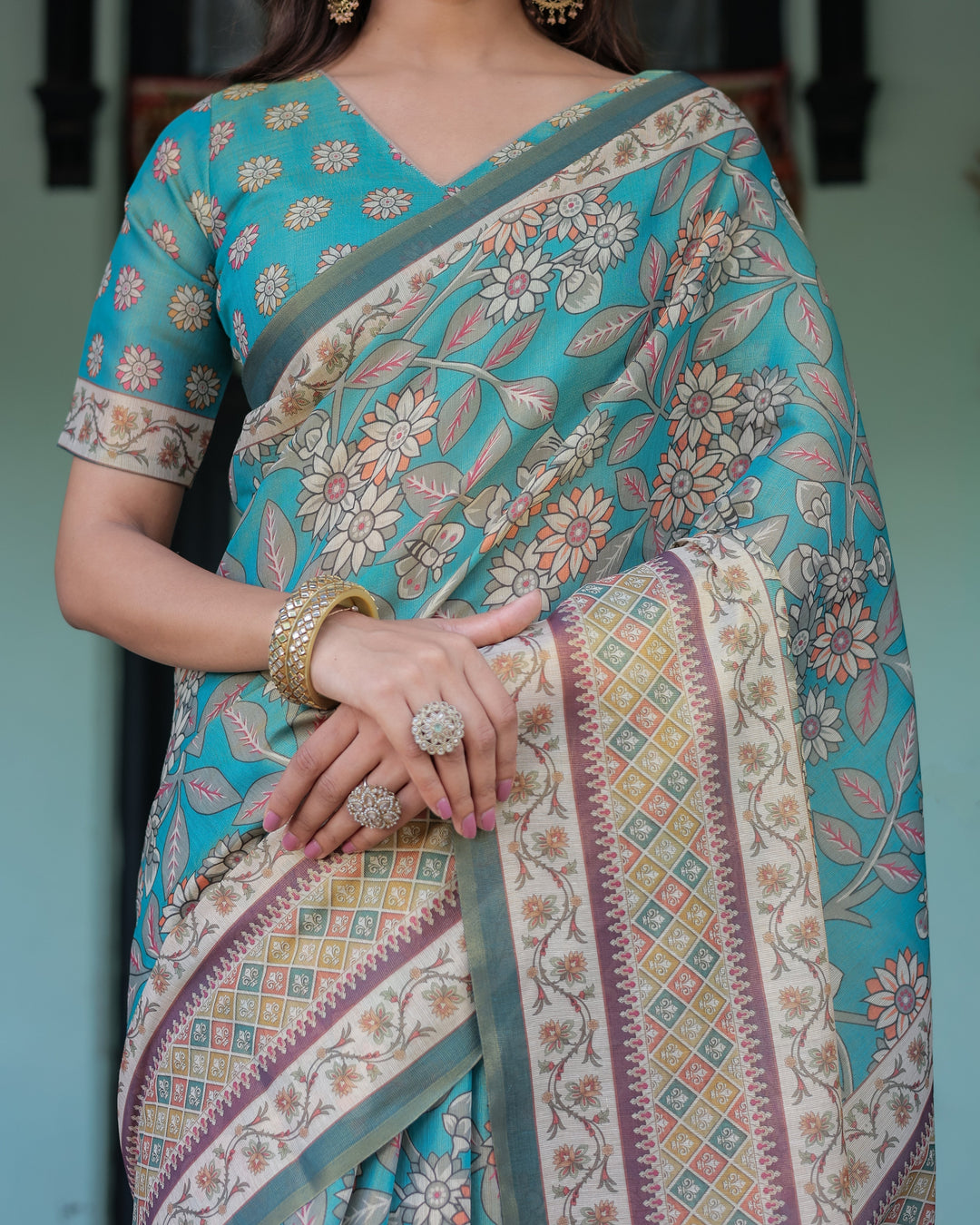 Teal Green Handloom Cotton Saree with Floral Print & Royal Bridal Procession Pallu