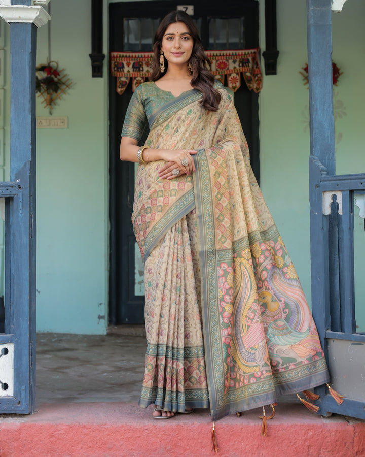 Beige Green Handloom Cotton Saree with Lotus Print & Colorful Peacock Pallu