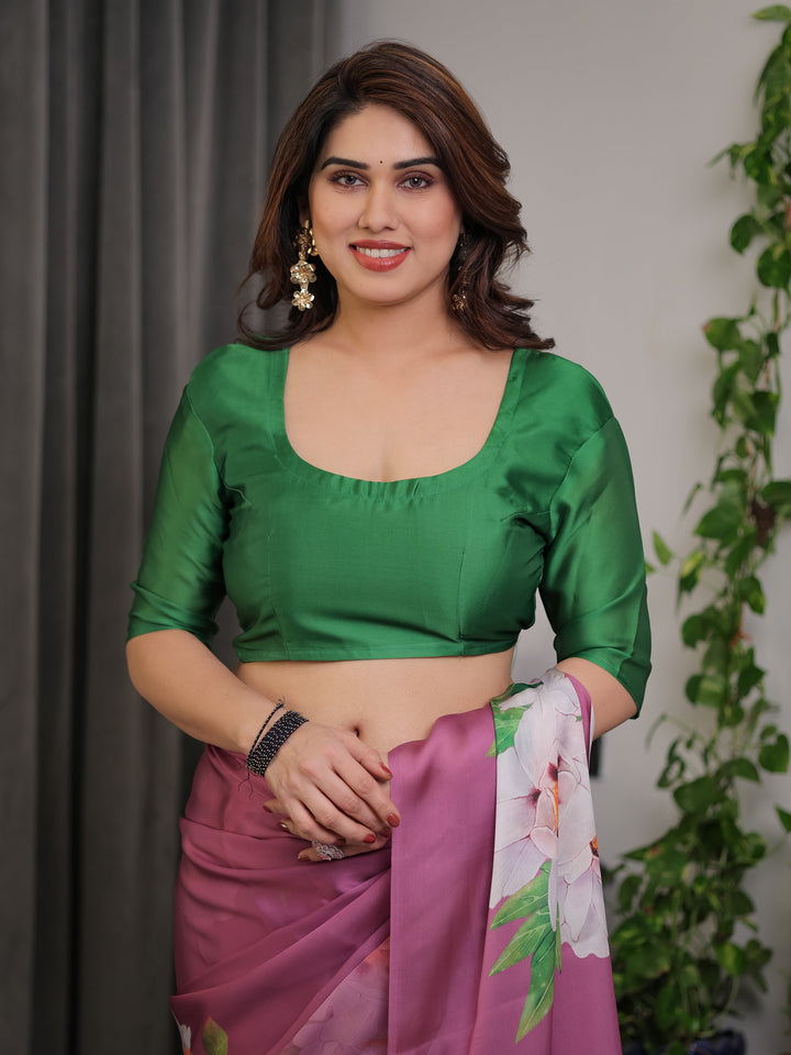 Pink Satin Georgette Saree with Bold Floral Prints & Matching Attached Blouse – Festive & Partywear Elegance