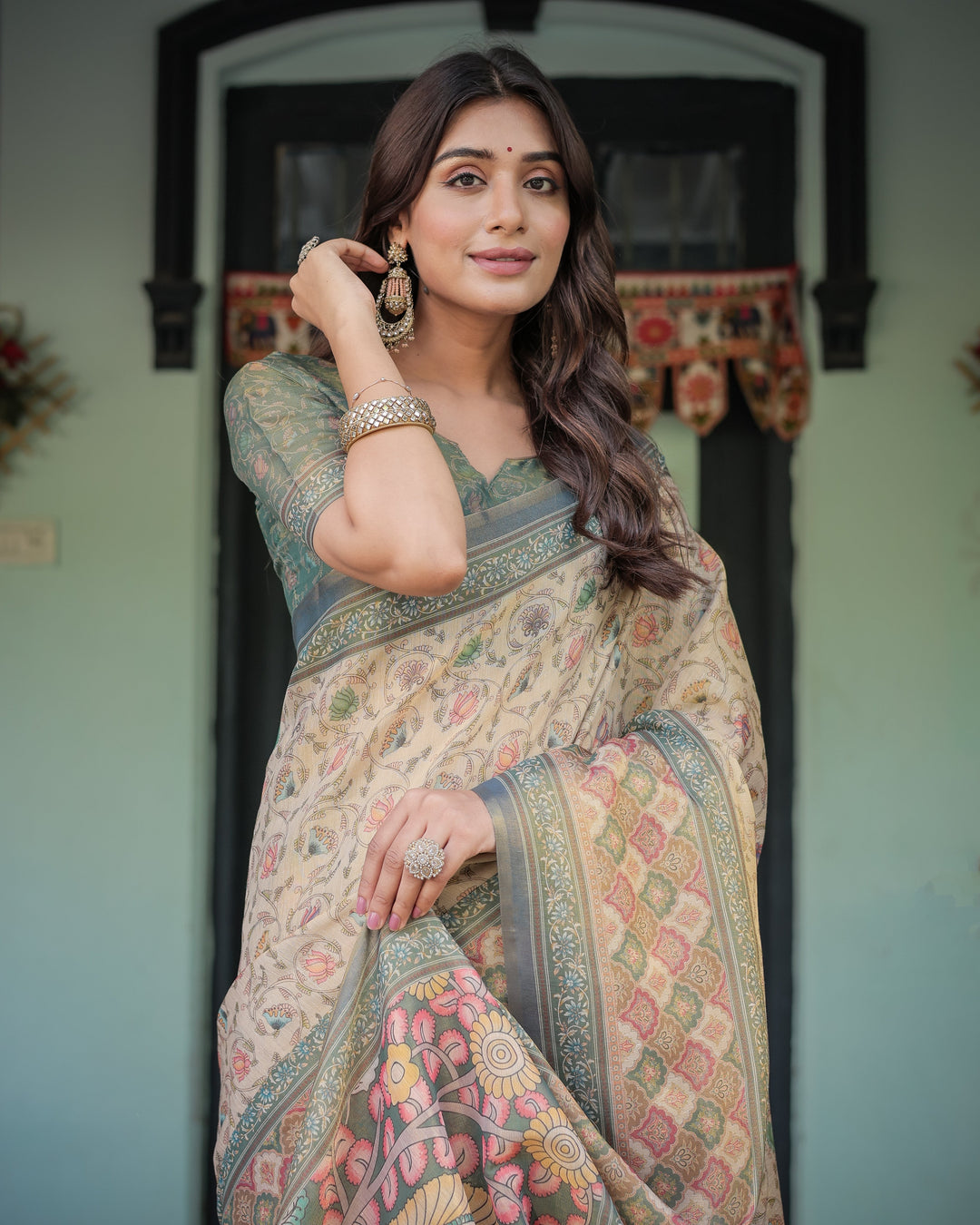 Beige Green Handloom Cotton Saree with Lotus Print & Colorful Peacock Pallu