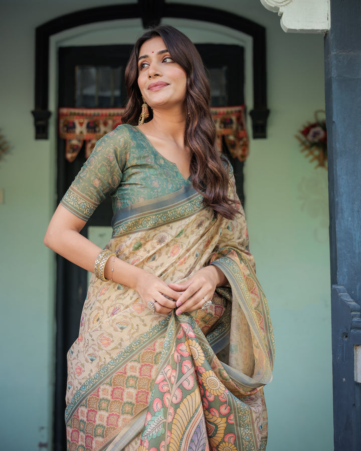 Beige Green Handloom Cotton Saree with Lotus Print & Colorful Peacock Pallu