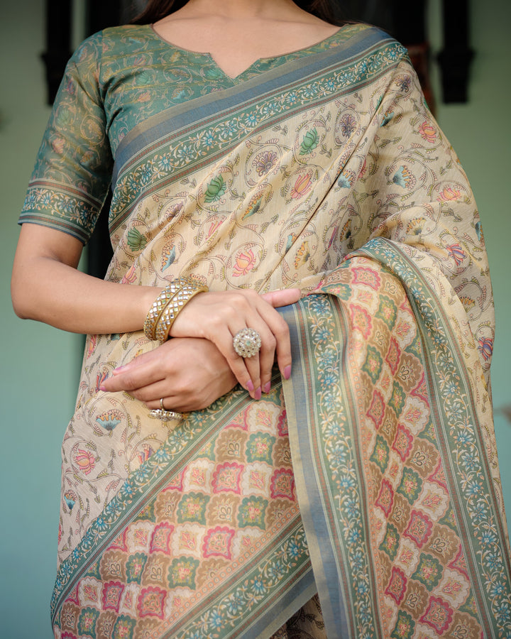 Beige Green Handloom Cotton Saree with Lotus Print & Colorful Peacock Pallu