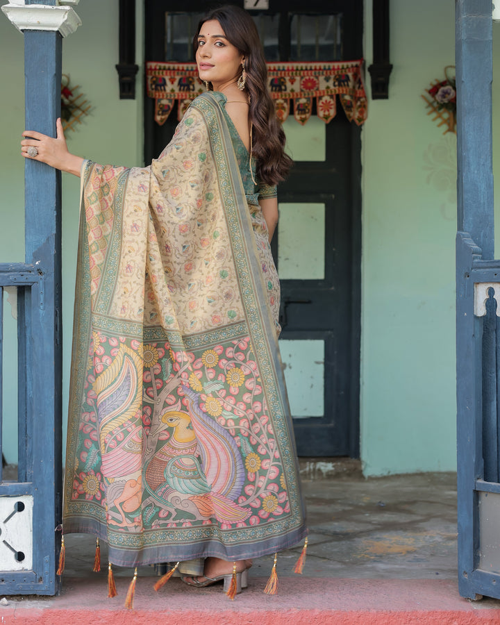 Beige Green Handloom Cotton Saree with Lotus Print & Colorful Peacock Pallu