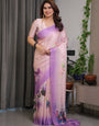 Blush Pink & Lavender Satin Georgette Floral Printed Saree with Attached Blouse – Soft Ombre Designer Saree for Festive & Elegant Wear