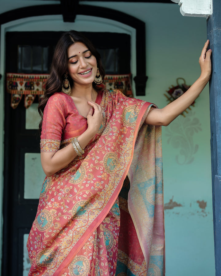 Terracotta Red Handloom Cotton Saree with Floral Vine Print & Dual-Toned Royal Motif Pallu