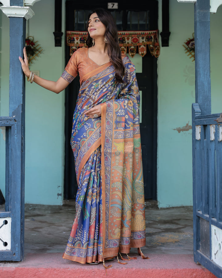 Royal Blue & Rust Handloom Cotton Saree with Bold Floral Print & Grand Peacock Pallu