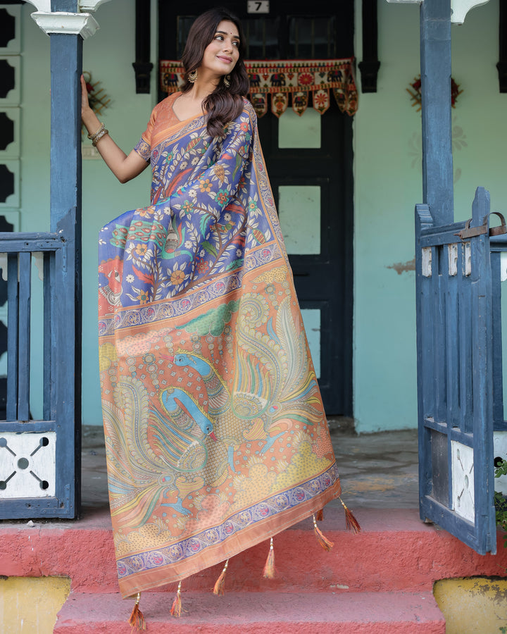 Royal Blue & Rust Handloom Cotton Saree with Bold Floral Print & Grand Peacock Pallu