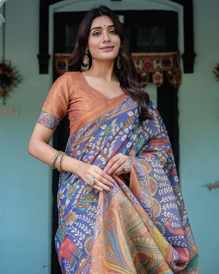 Royal Blue & Rust Handloom Cotton Saree with Bold Floral Print & Grand Peacock Pallu
