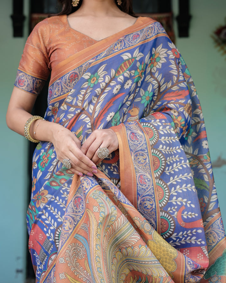 Royal Blue & Rust Handloom Cotton Saree with Bold Floral Print & Grand Peacock Pallu