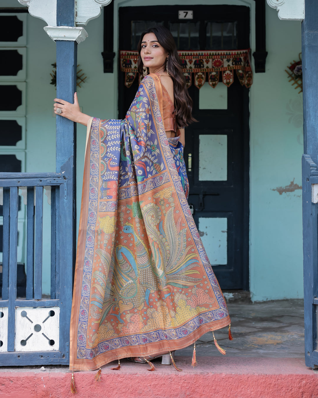 Royal Blue & Rust Handloom Cotton Saree with Bold Floral Print & Grand Peacock Pallu