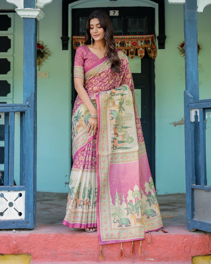Magenta Pink Handloom Cotton Saree with Floral Vines & Royal Elephant Procession Pallu