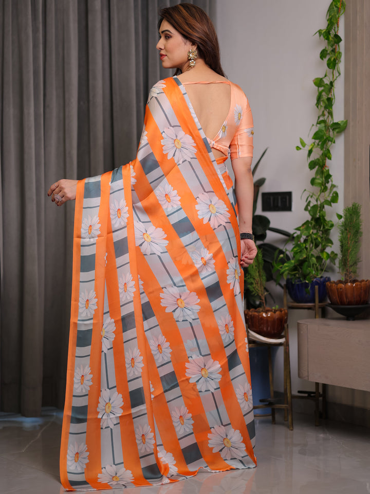 Orange Satin Georgette Floral Printed Saree with Attached Blouse – Lightweight Daisy Print Designer Saree for Festive & Casual Elegance