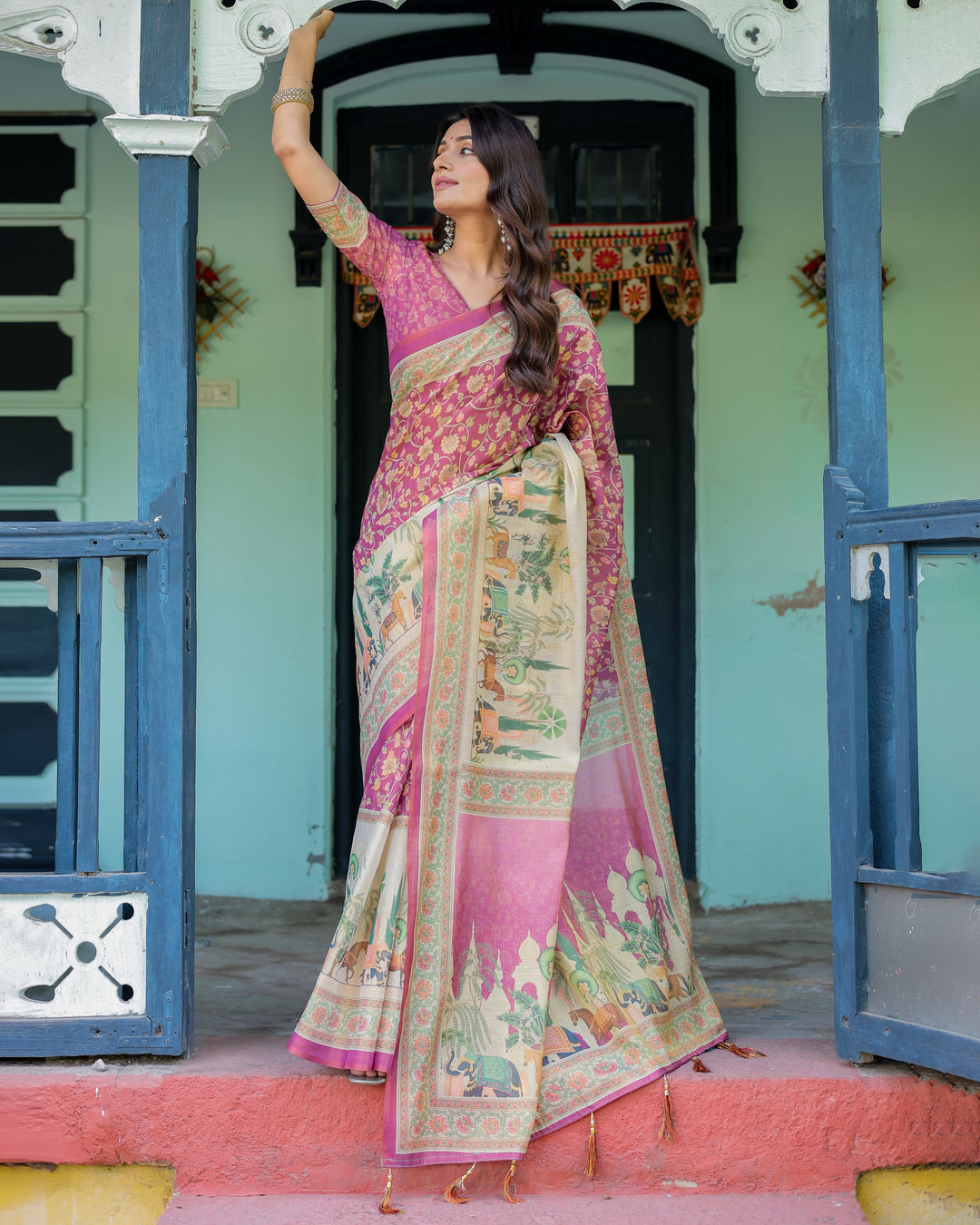 Magenta Pink Handloom Cotton Saree with Floral Vines & Royal Elephant Procession Pallu