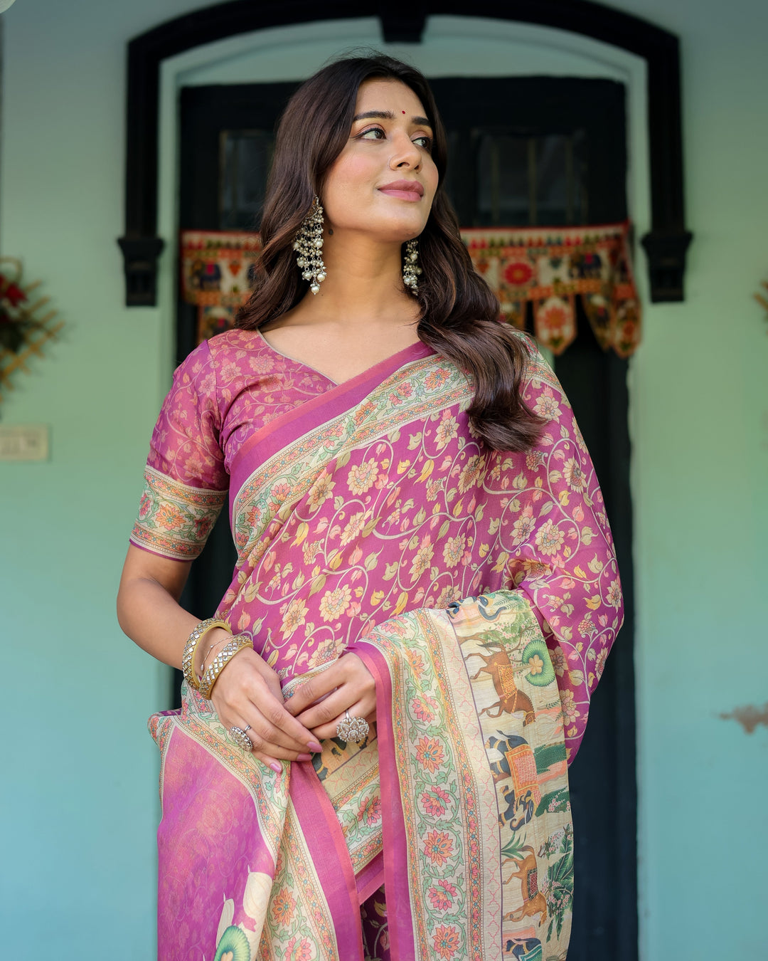 Magenta Pink Handloom Cotton Saree with Floral Vines & Royal Elephant Procession Pallu