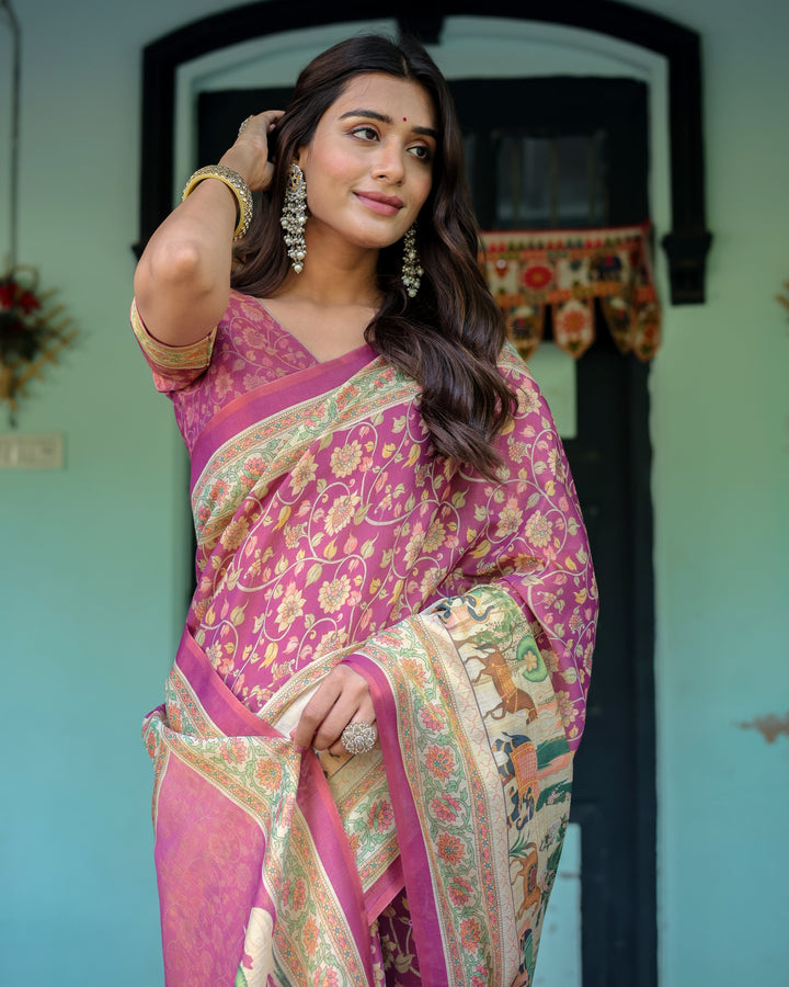 Magenta Pink Handloom Cotton Saree with Floral Vines & Royal Elephant Procession Pallu
