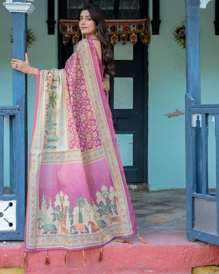 Magenta Pink Handloom Cotton Saree with Floral Vines & Royal Elephant Procession Pallu
