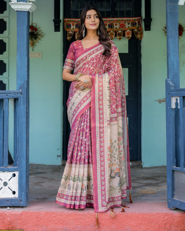 Rose Pink Handloom Cotton Saree with Ivory Elephant Procession Pallu & Floral Print