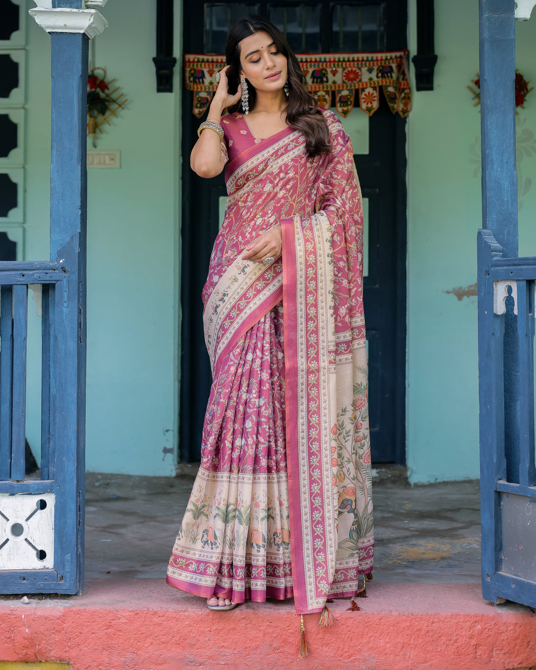 Rose Pink Handloom Cotton Saree with Ivory Elephant Procession Pallu & Floral Print