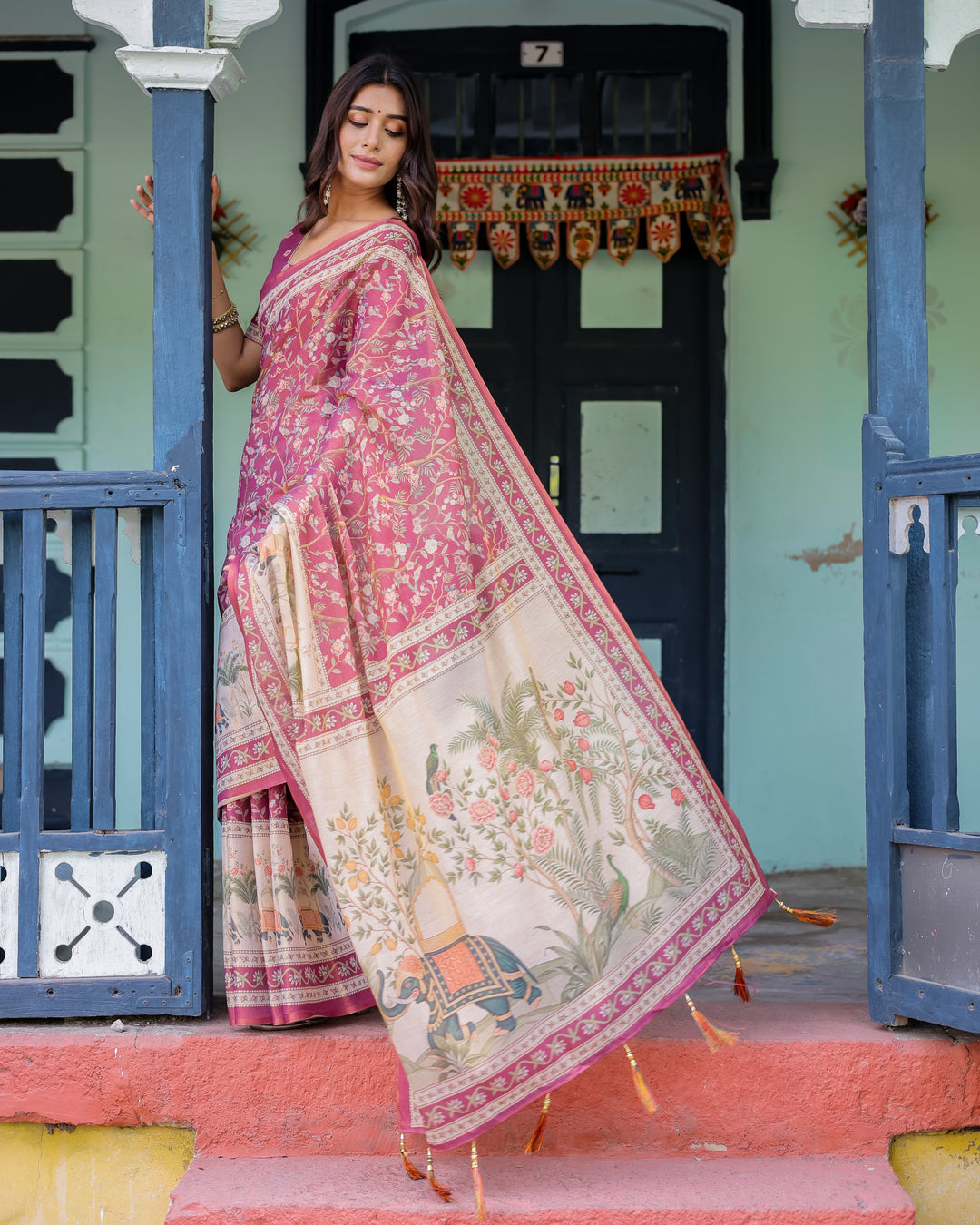 Rose Pink Handloom Cotton Saree with Ivory Elephant Procession Pallu & Floral Print