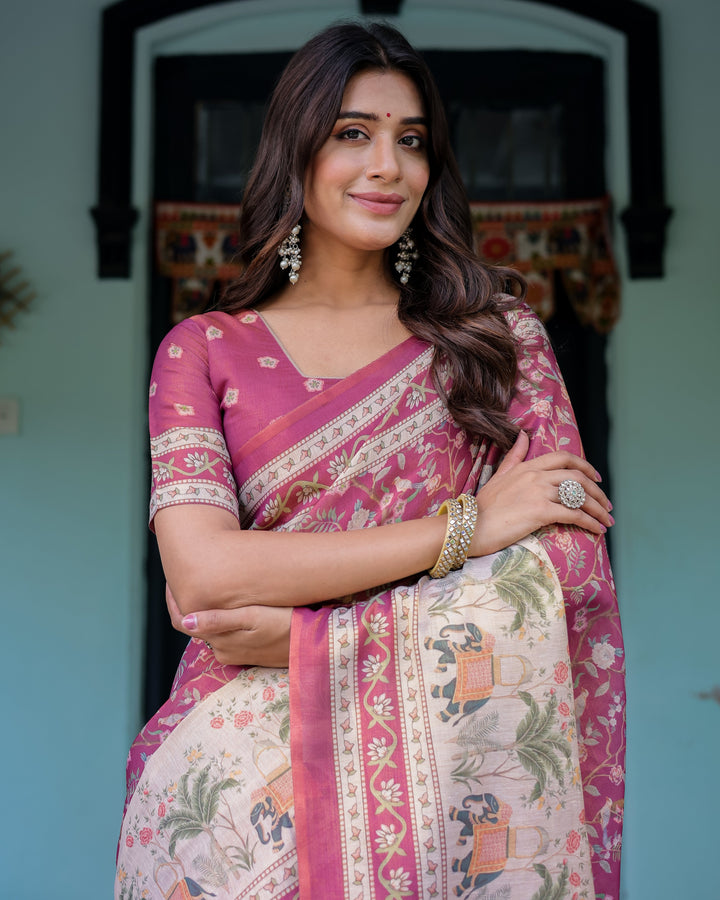 Rose Pink Handloom Cotton Saree with Ivory Elephant Procession Pallu & Floral Print